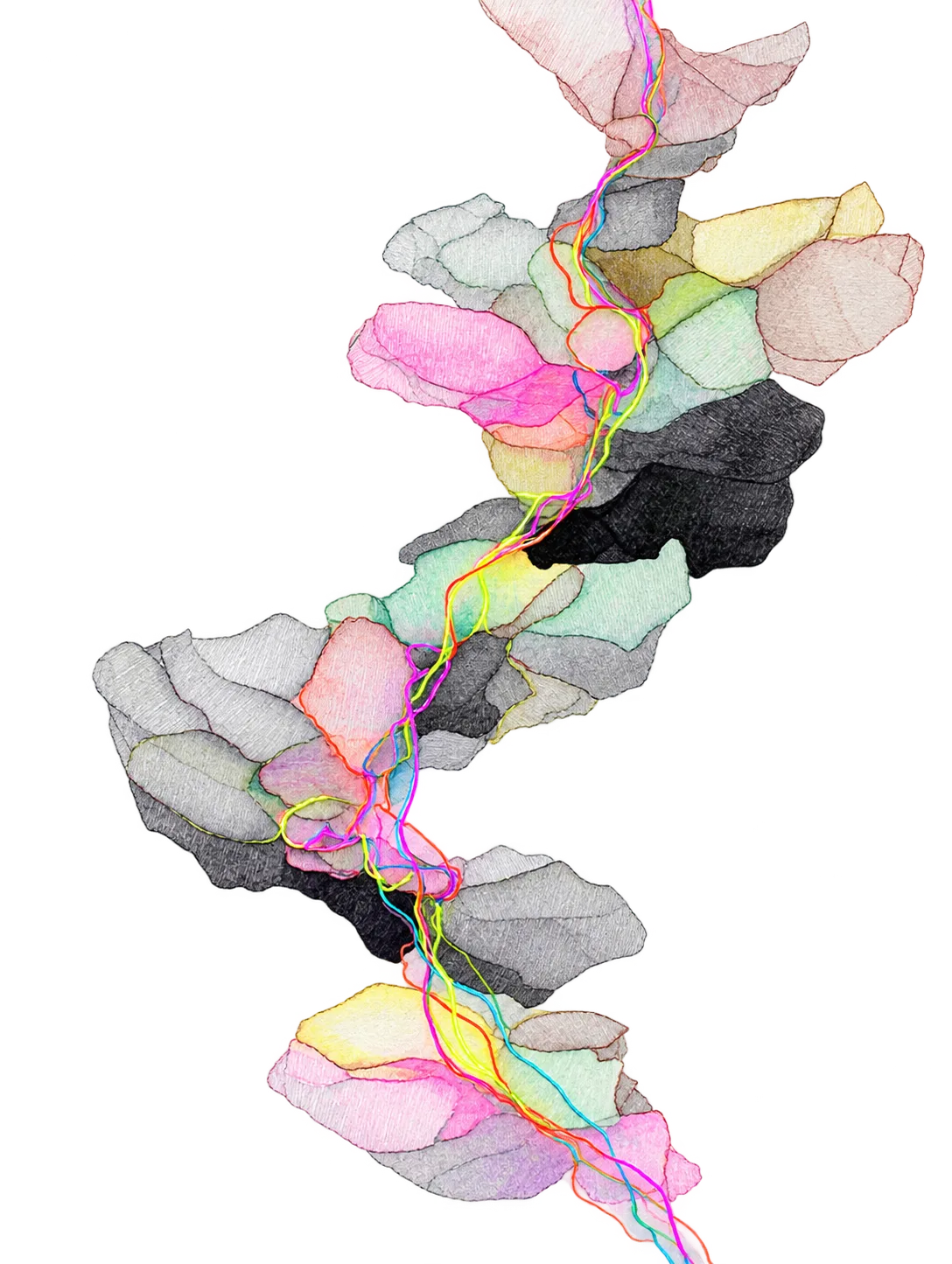 Abstract layered contour artwork with neon threads