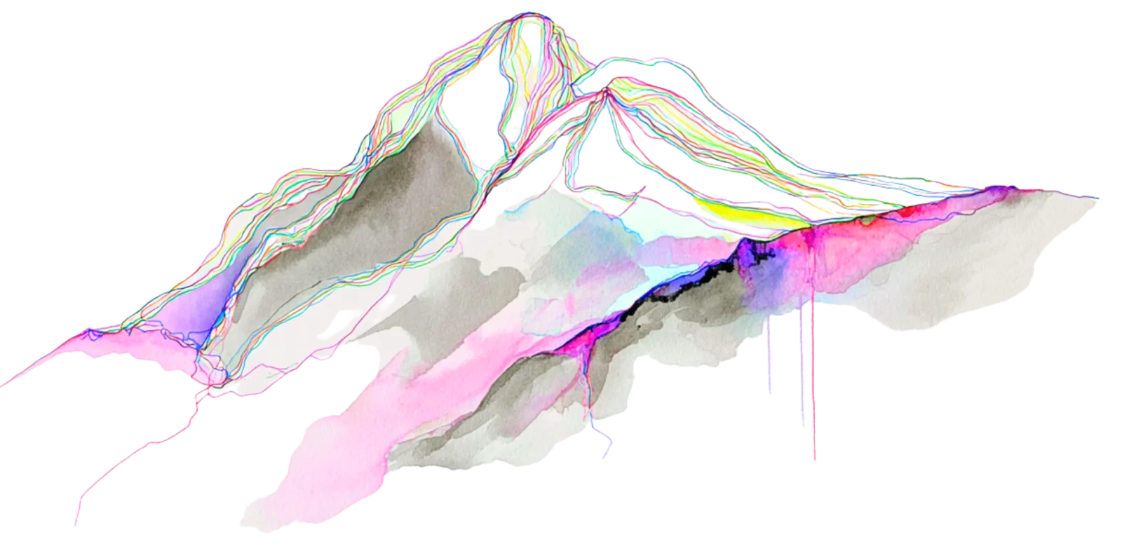 Watercolor mountain threaded with neon contour lines