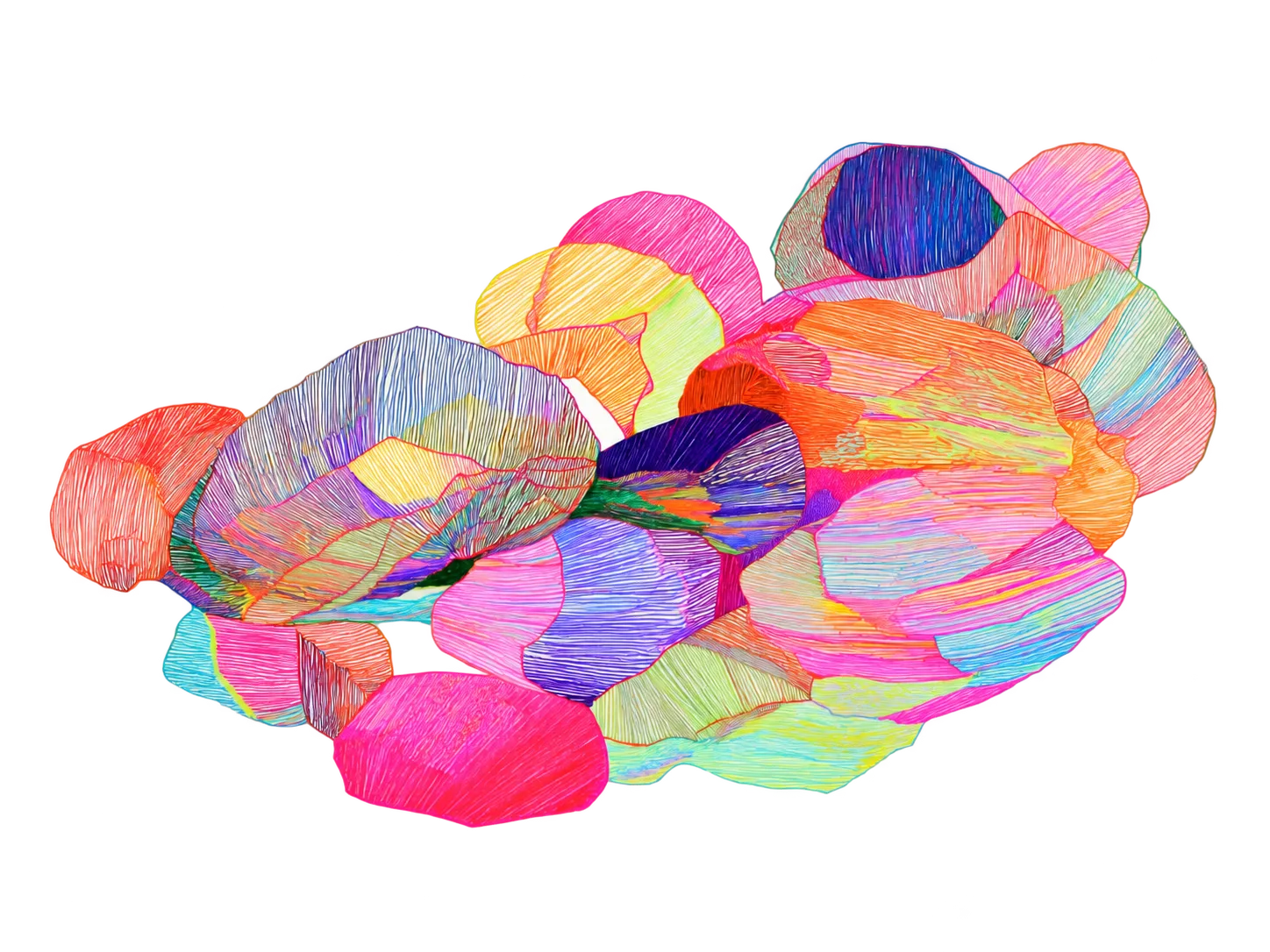 Abstract layered rock formation artwork in neon colors